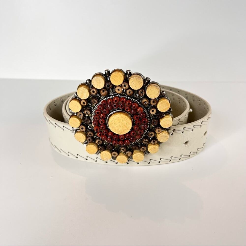 Leather Beaded Cream Embellished XL Belt